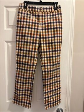 Anthropologie Plaid Pants in Mustard, Navy & Cream with Red Accents